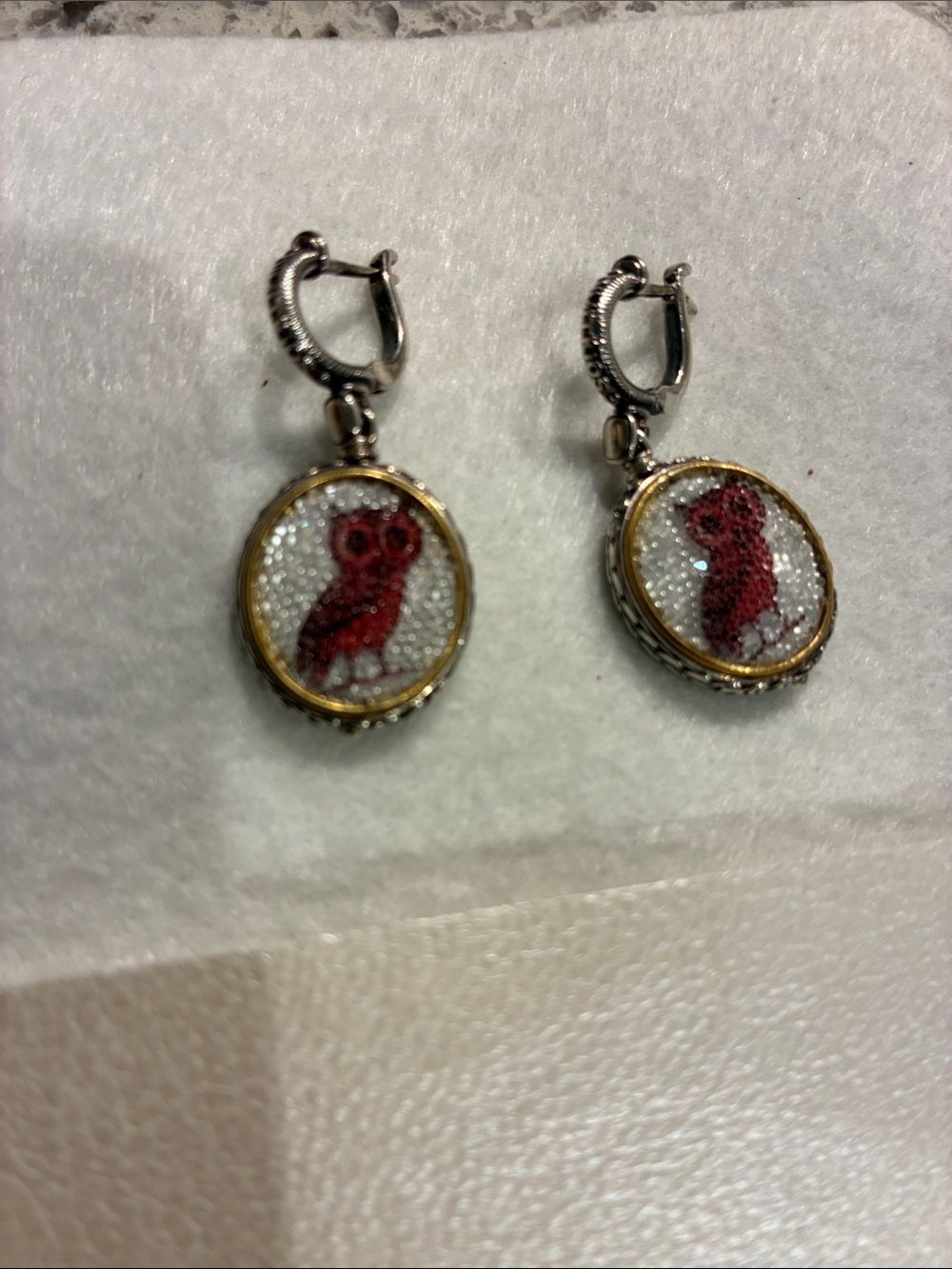 Red Owl Mosaic Drop Earrings for Women - Mixed Metal Frame